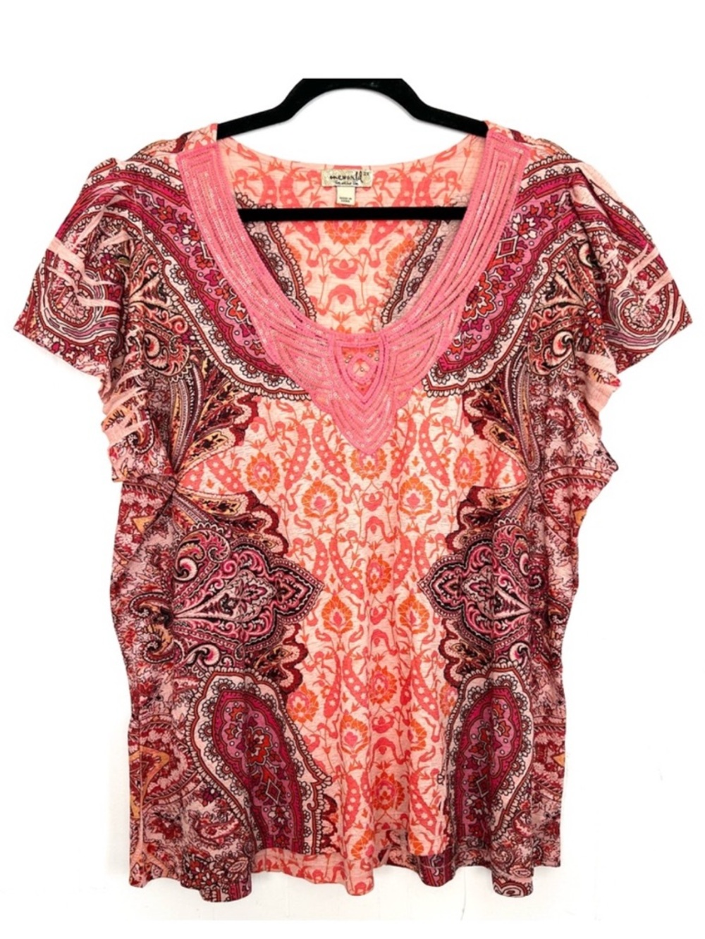 One World Boho Pink Floral Paisley Sequin Accent‎ Top 2X